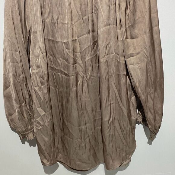 Carmen Marc Valvo Women's Taupe Tan Ruffles Neck Tie Satin Blouse Top Large - Picture 6 of 8